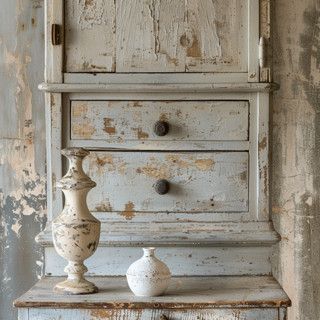 Detail of whitewashed wood furniture adding a farmhouse aesthetic