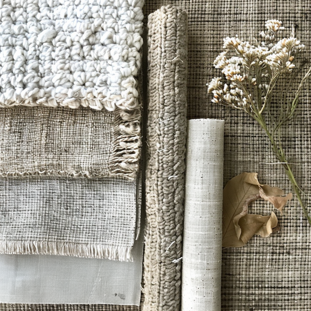 Detail shot of a cozy wool throw on a linen sofa with a wooden side table