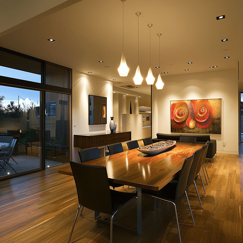 Dimmer switches, LED bulbs, and eco-friendly illumination contribute to the sustainable design of this modern dining room with energy-efficient lighting