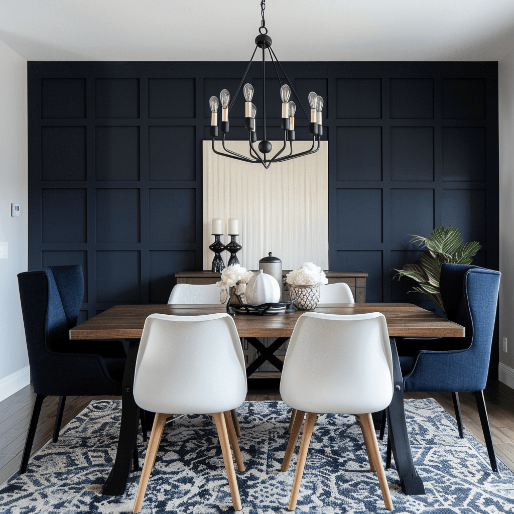 Dining room with navy dining chairs3