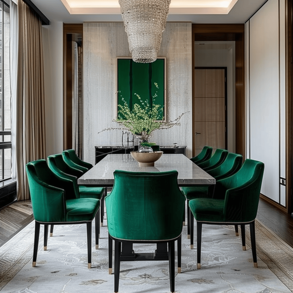 Dining room with statement emerald chairs