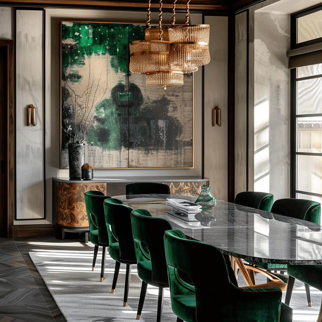 Dining room with statement emerald chairs