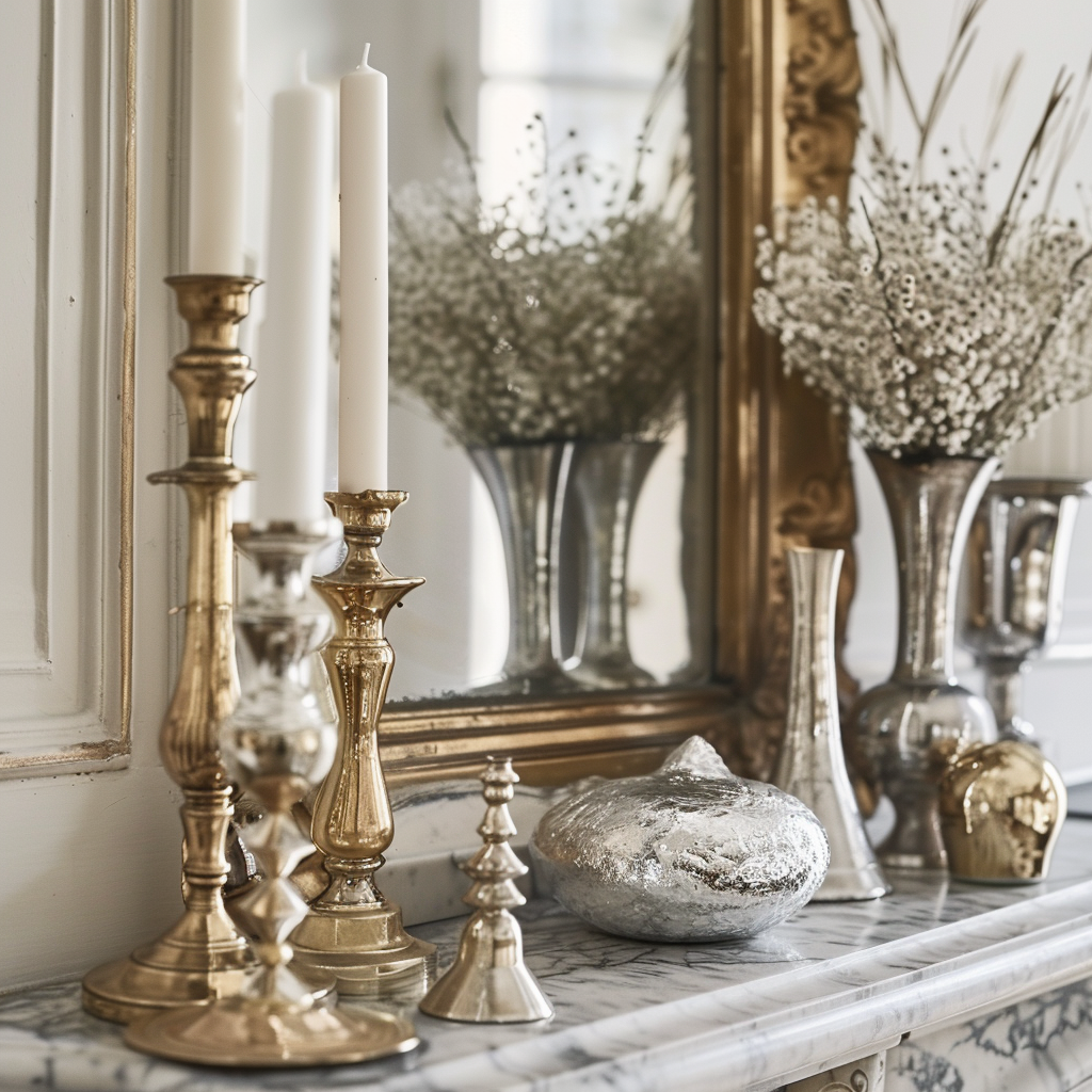 Dining space enhanced by metallic elements, including a brushed gold chandelier and matching candle holders