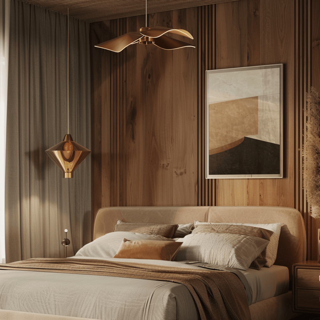 Discover how a thoughtful lighting scheme can transform the ambiance of this mid-century modern bedroom, featuring a statement pendant light, adjustable wall sconces, and a sleek table lamp that enhance both style and functionality