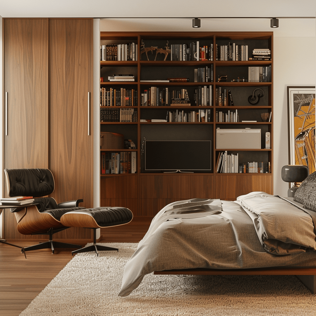 Discover how carefully curated artwork, a simple geometric mirror, and iconic decorative objects can elevate the style of this mid-century modern bedroom, creating a personalized and captivating space