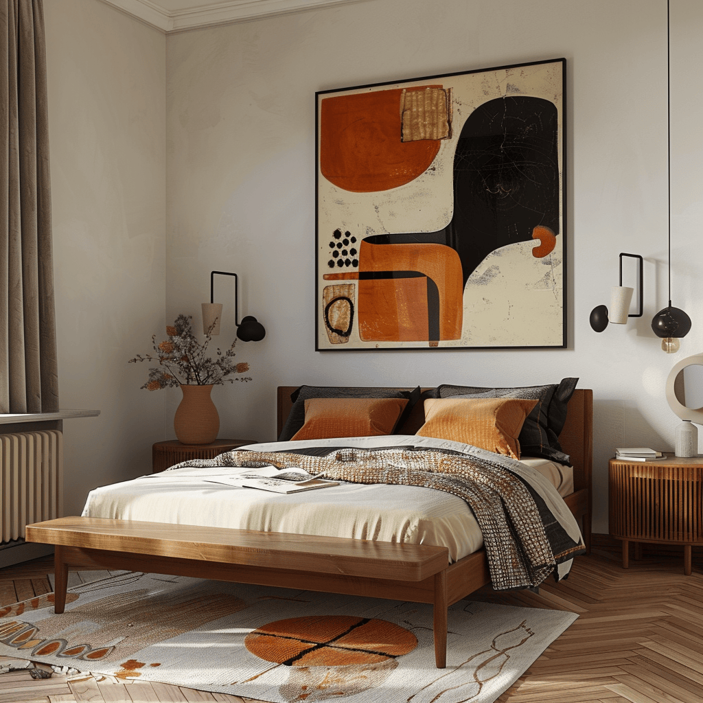 Discover how carefully selected accessories, such as a vintage-inspired wall art piece, a sculptural vase, and a set of retro-style throw pillows,
