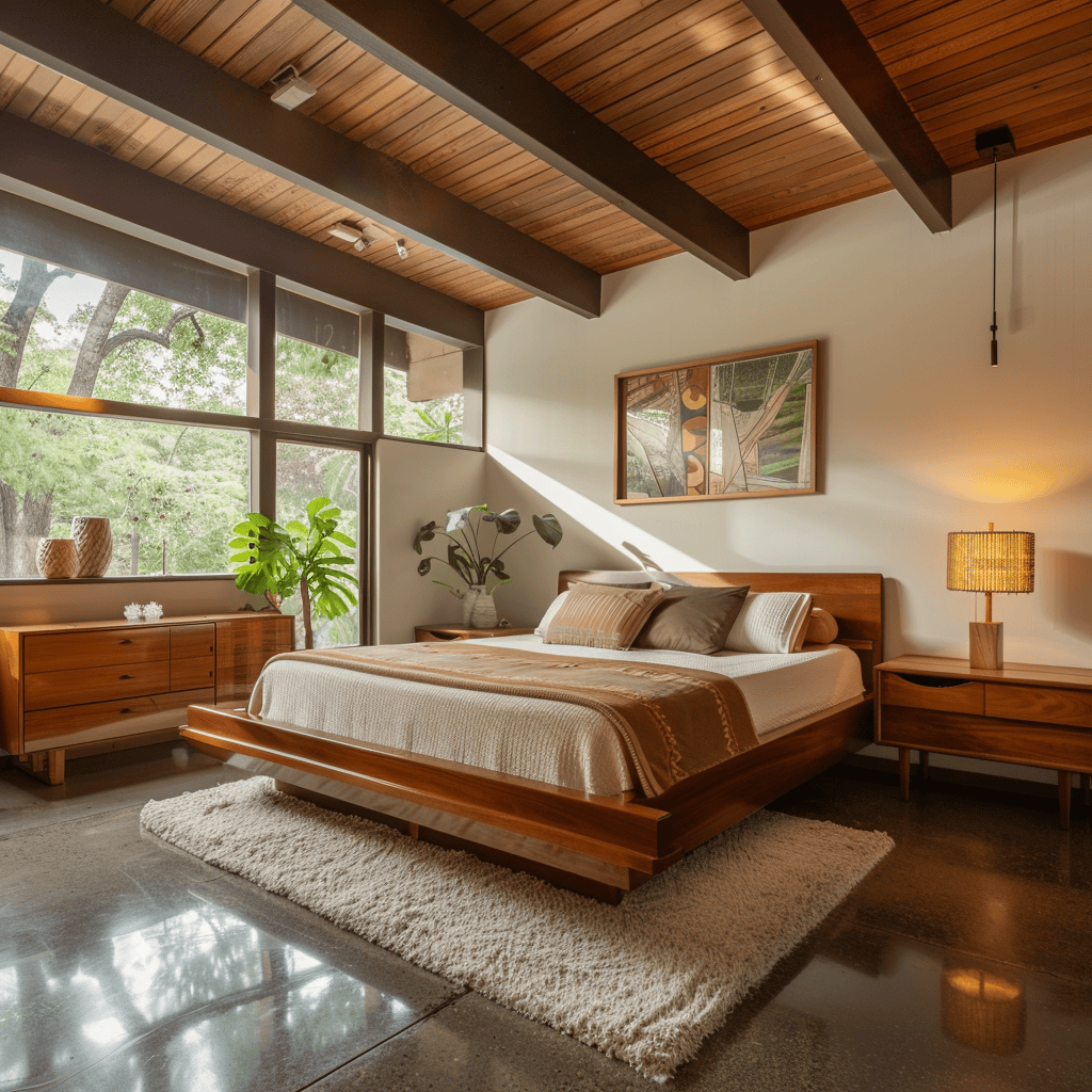 Discover how iconic furniture pieces, such as a low-profile platform bed, a streamlined dresser, and a pair of angular nightstands, can define the space and capture the essence of mid-century modern design in this bedroom