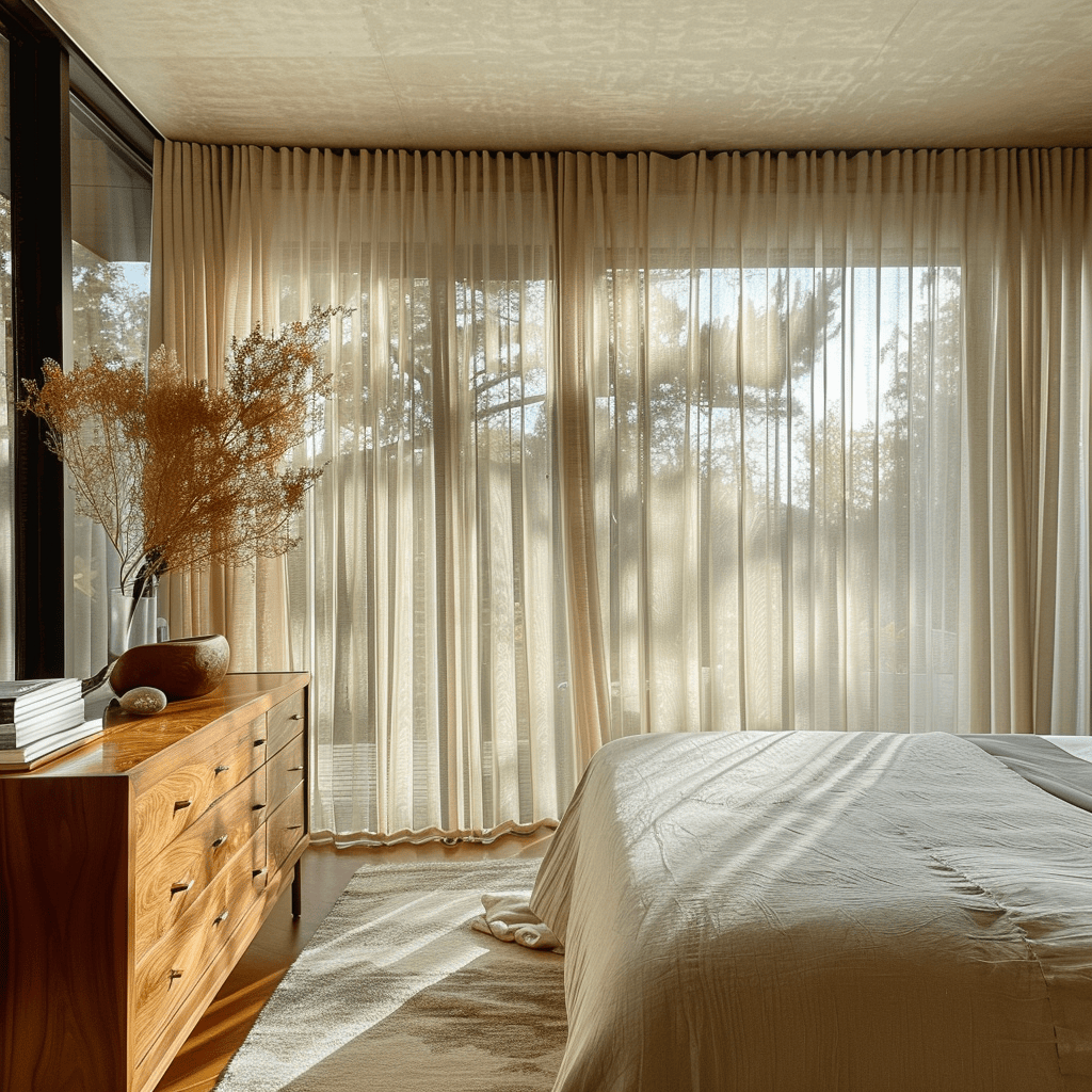 Discover the impact of skillful layering in this mid-century modern bedroom, featuring different textures, subtle patterns, and a mix of vintage and contemporary elements that add visual depth and interest