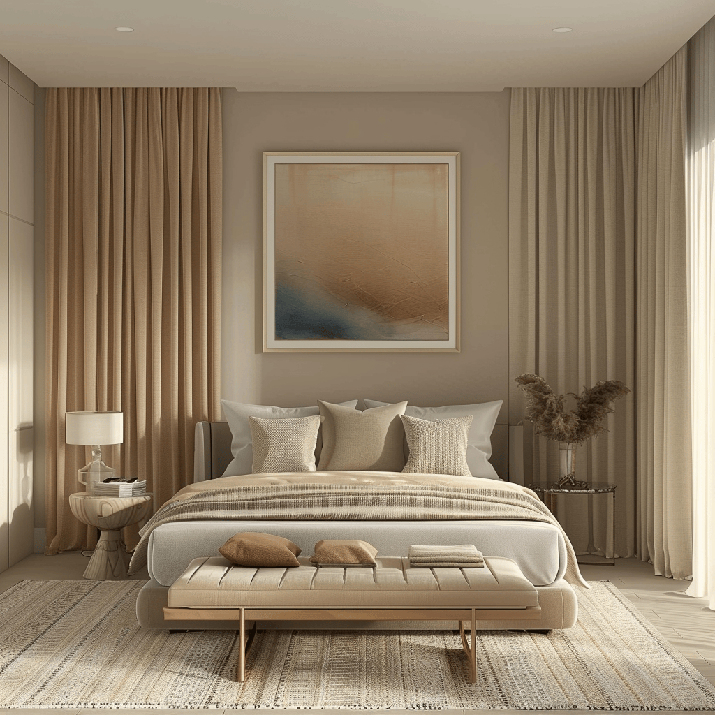 Discover the power of design in creating a serene and inviting atmosphere in this mid-century modern bedroom, featuring a soothing color palette, plush textiles, and carefully chosen decor that promote a sense of tranquility and well-being