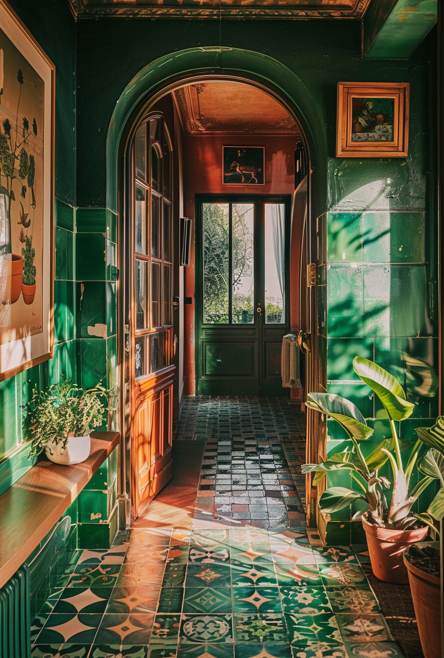 Discovering Art Deco hallway with unique flooring and distinctive wall decor