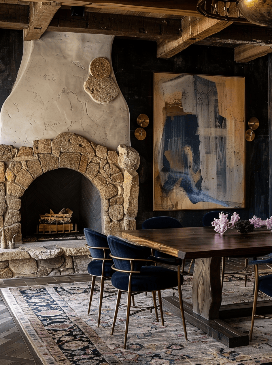 Display of handcrafted pottery and ceramics in a rustic dining setting