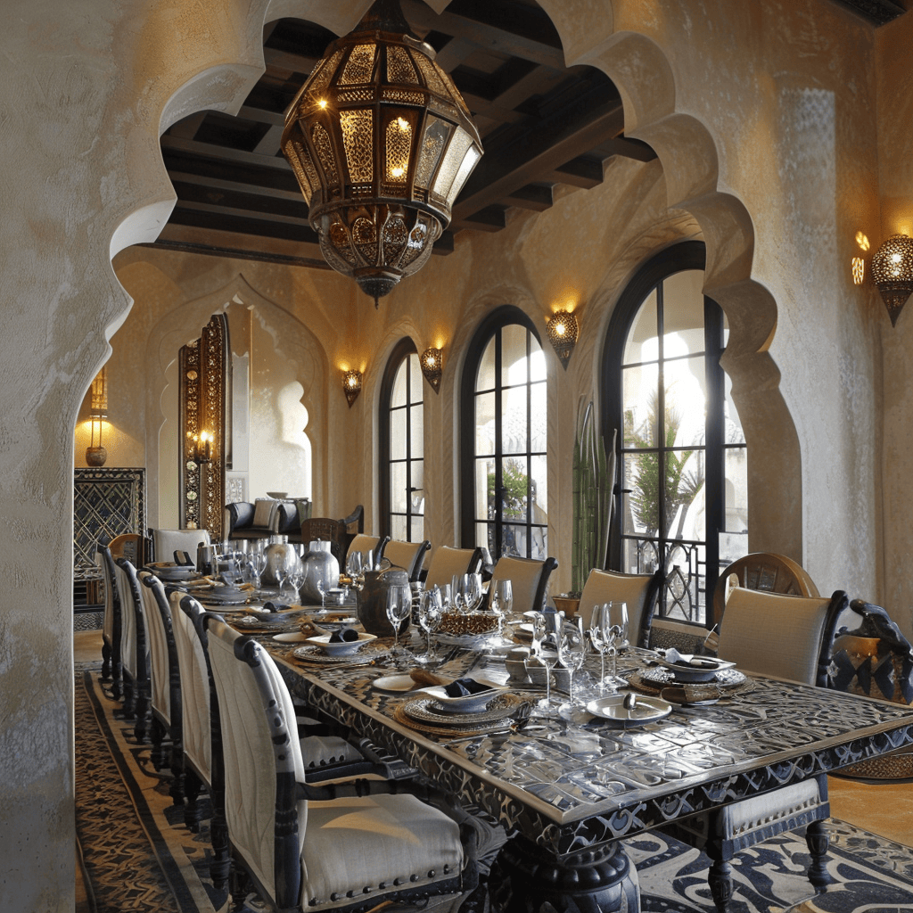 Dramatic Moroccan dining room illuminated by a large Moroccan chandelier