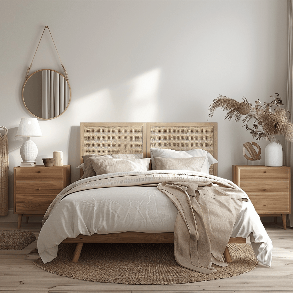 Durable and long-lasting items made from natural materials like solid wood, linen, or wool in a Scandinavian bedroom