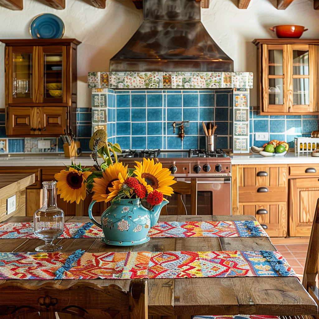Dynamic Mediterranean cooking space with cool blue tiles, warm cabinetry, and a lively dining setup