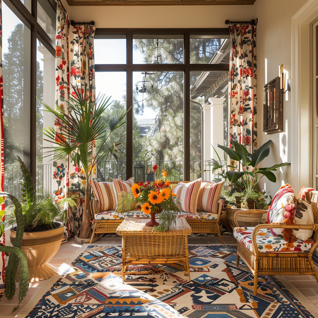 Dynamic Mediterranean sunroom with a combination of striped curtains, floral cushions, a geometric-patterned rug, complementary rattan furnishings, and a variety of potted plants