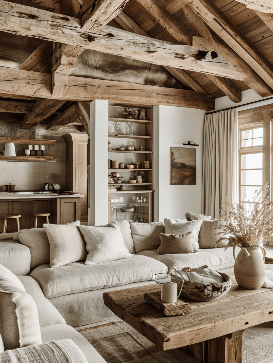 Earthenware vases on a rustic living room mantel