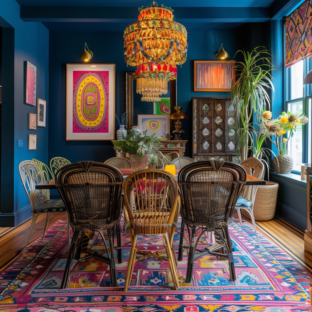 Earthy pottery pieces as centerpieces in a modern boho dining room