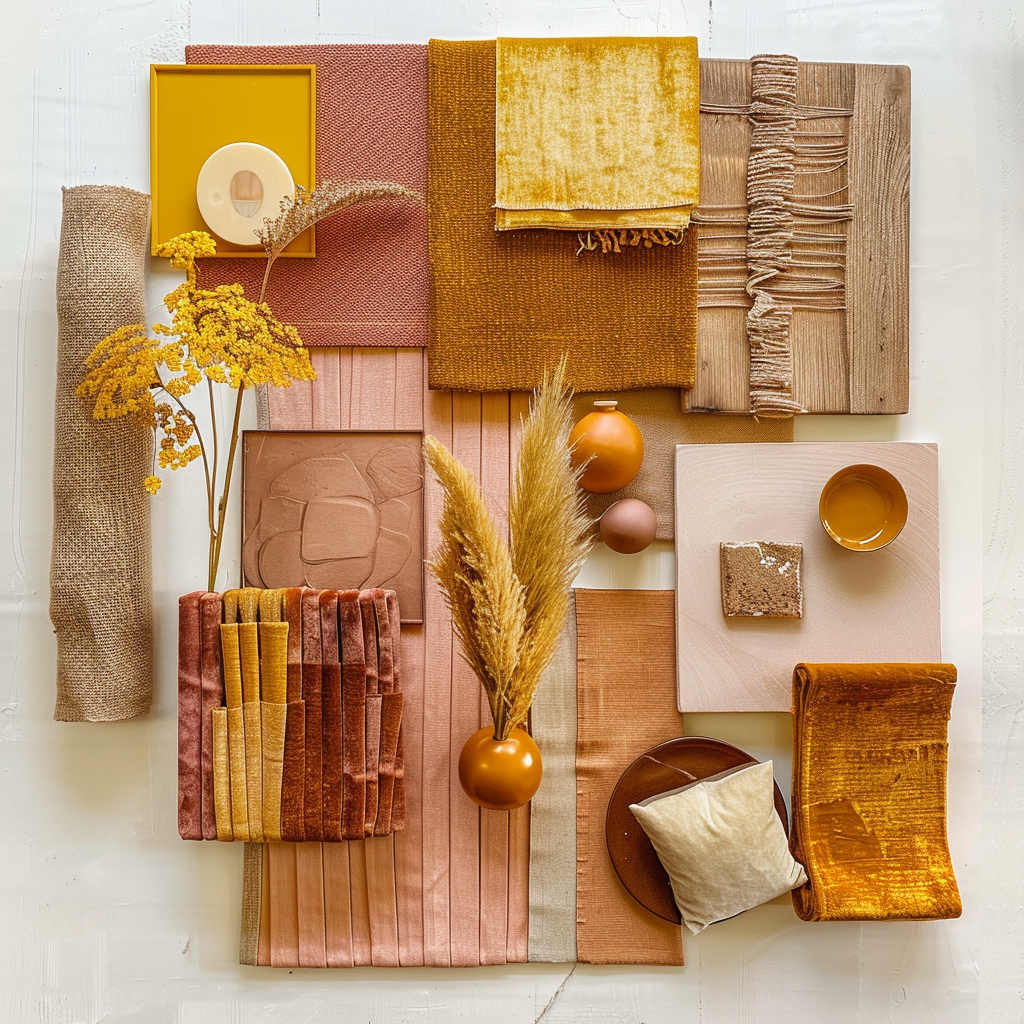 Earthy tones of the desert, including terracotta and soft pinks, come together in this moodboard to inspire a natural boho chic space