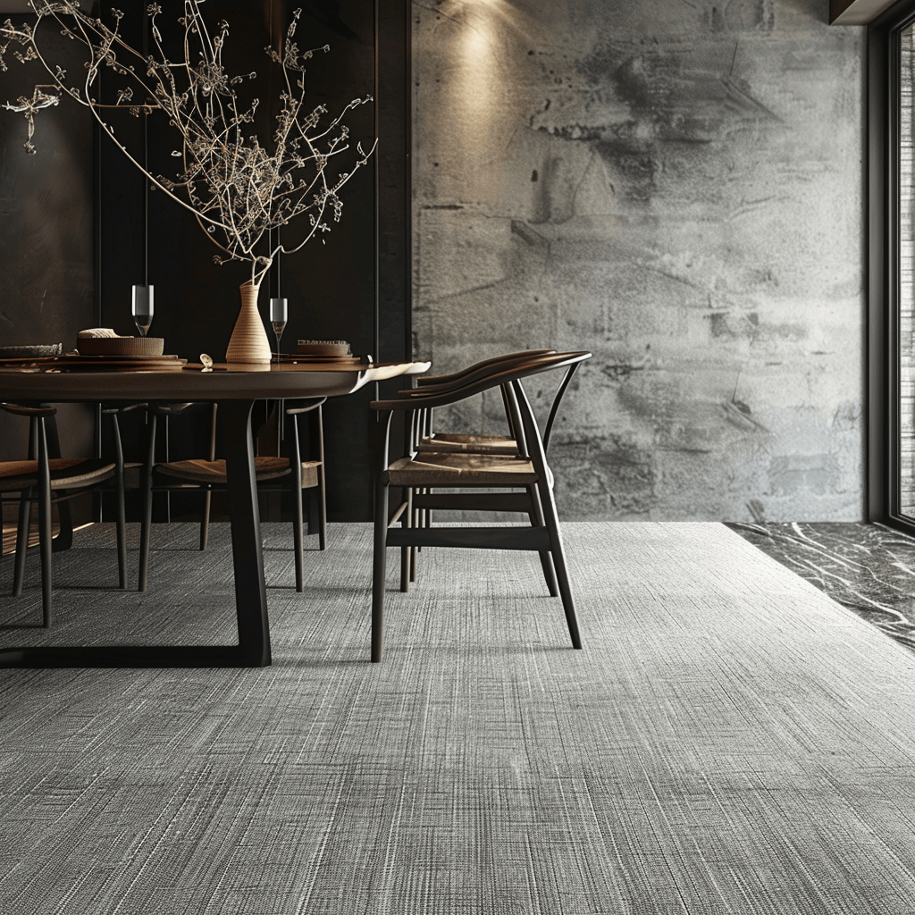 Easy maintenance, a durable surface, and visual interest characterize the flooring in this modern dining room, which also provides comfort underfoot