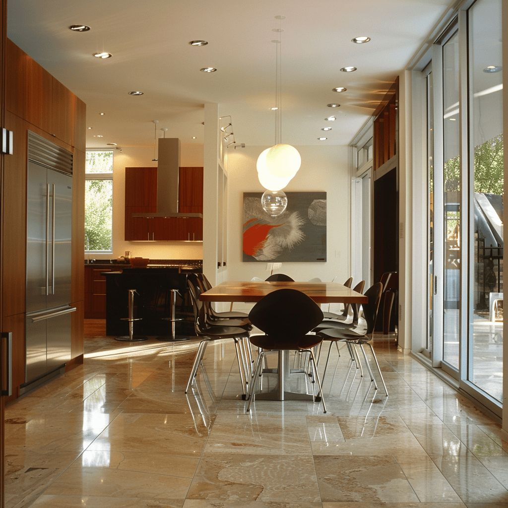 Easy to maintain and visually interesting, the tile flooring in this modern dining room combines practicality with style for a winning combination