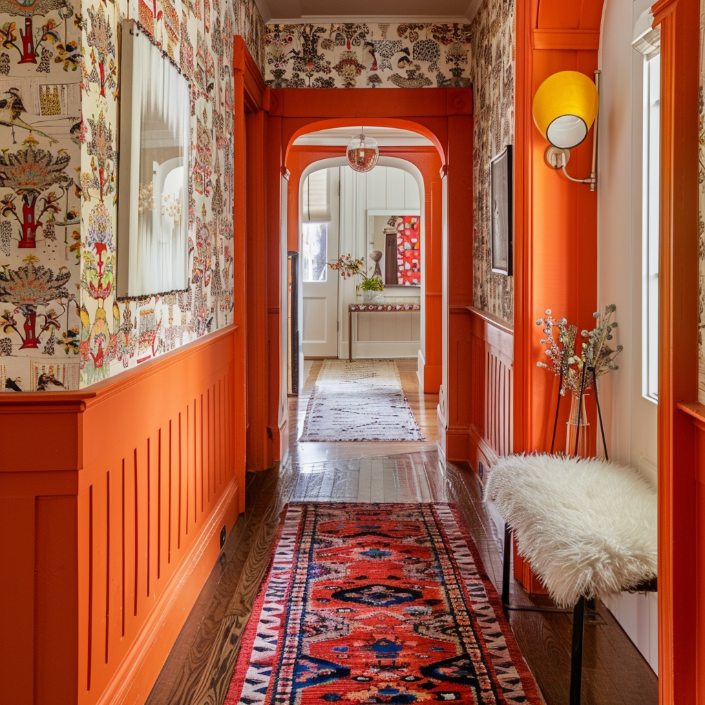 Eclectic 1970s hallway with pops of vivid color in accents and decor