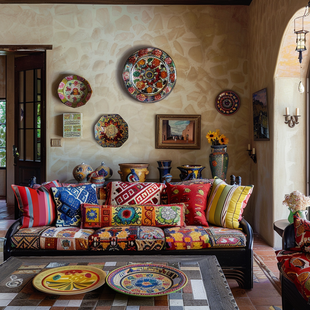 Eclectic Mediterranean living room with a focus on incorporating decorative plates and bowls for a playful and inviting feel