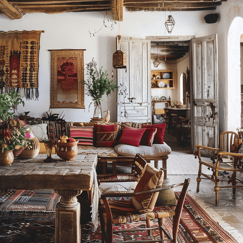 Eclectic Mediterranean living room with a focus on incorporating mismatched chairs for a unique and inviting dining experience