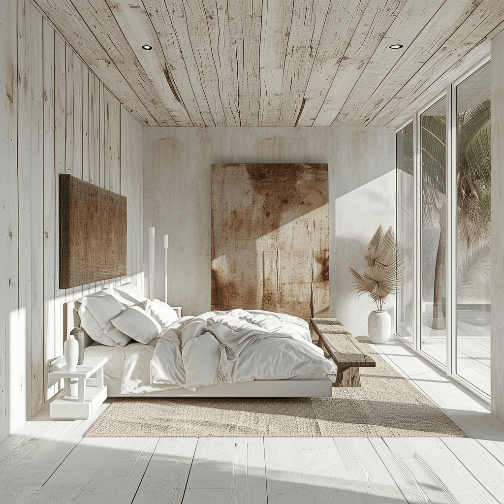 Eclectic coastal bedroom with a mix of patterns and a bold accent wall