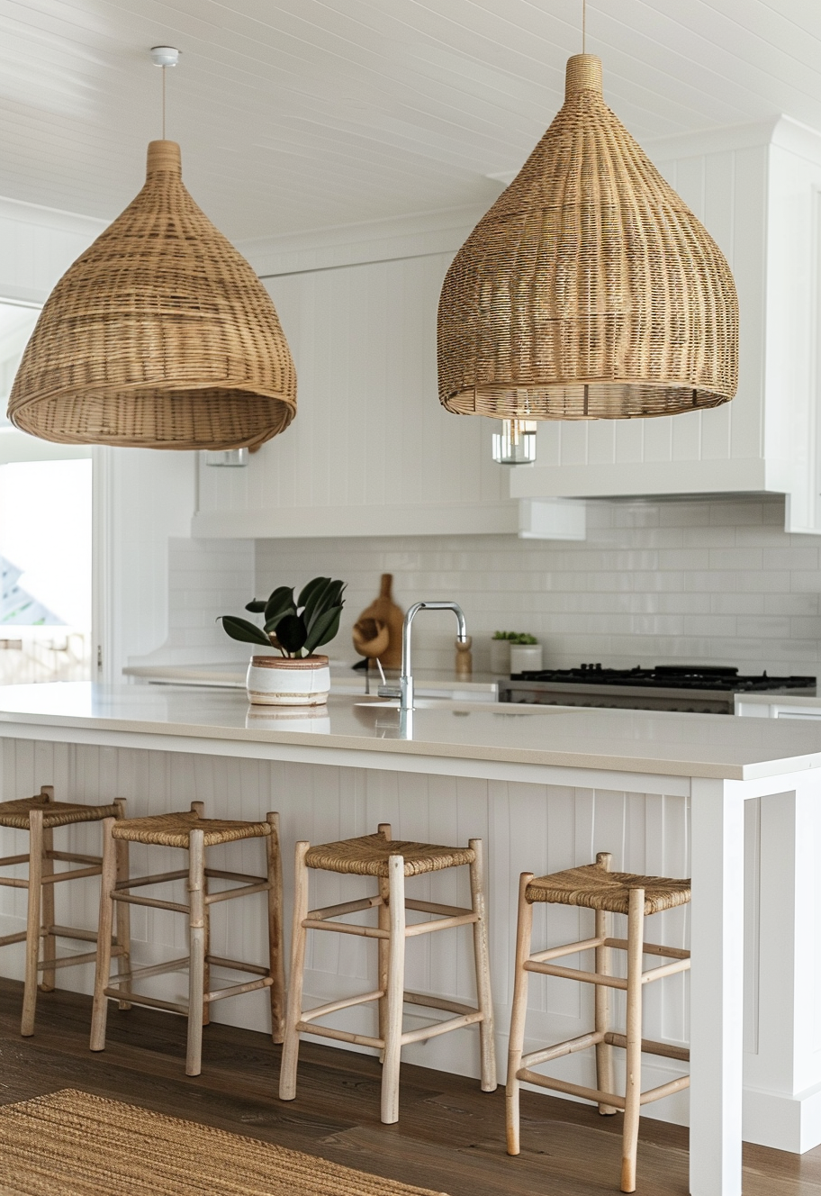Eclectic seating options, including rattan chairs, for a modern boho kitchen ambiance