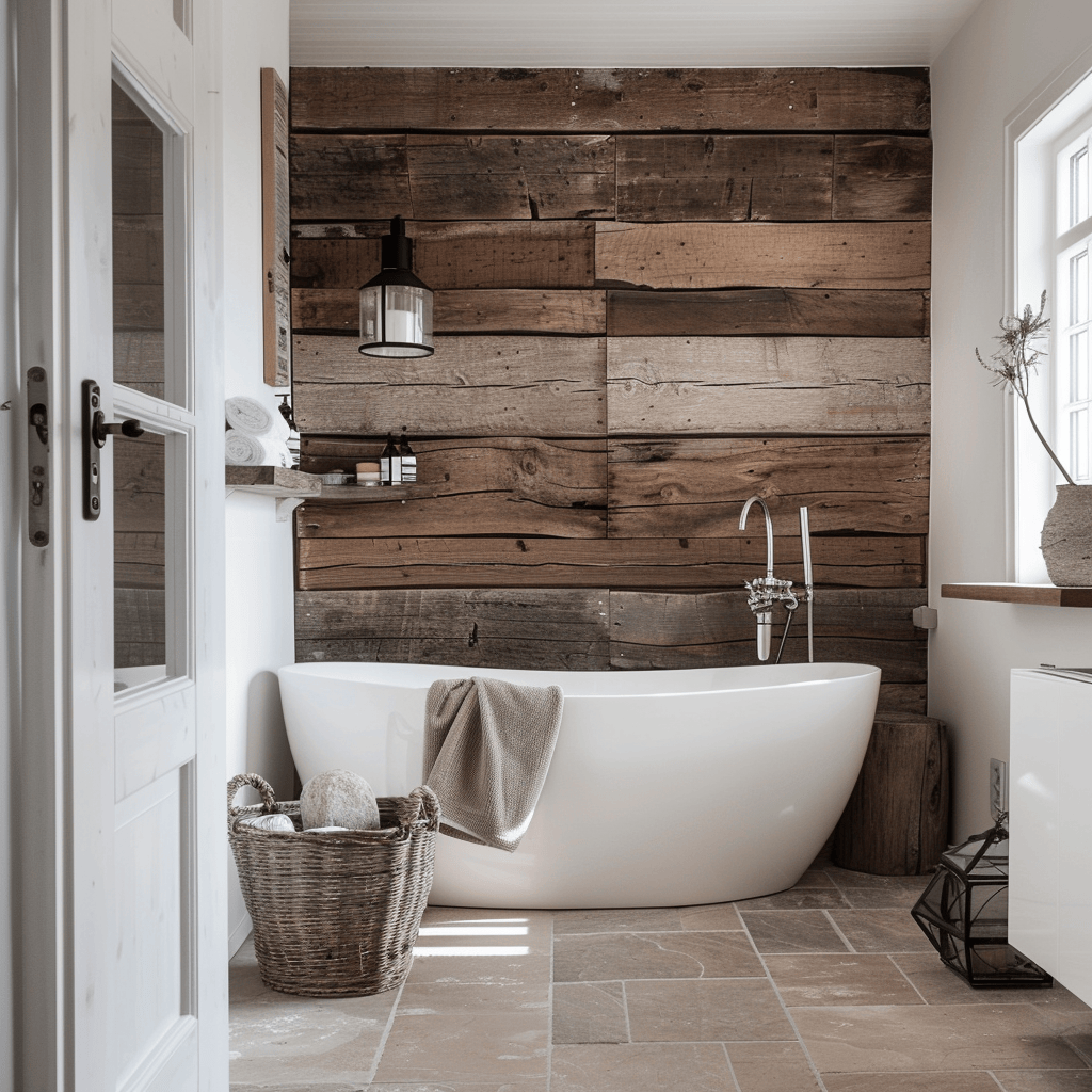 Eco friendly Scandinavian bathroom featuring a vanity crafted from reclaimed barn wood for a rustic touch
