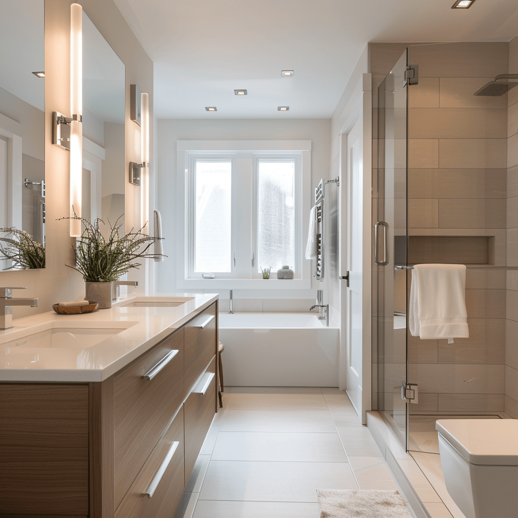 Ecofriendly Scandinavian bathroom featuring water conserving dual flush toilets and LED lighting