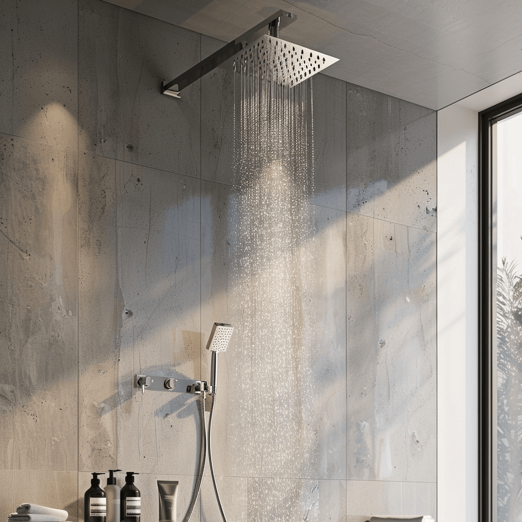 Ecofriendly Scandinavian bathroom with a lowflow brushed nickel faucet and a contemporary ceiling rain showerhead