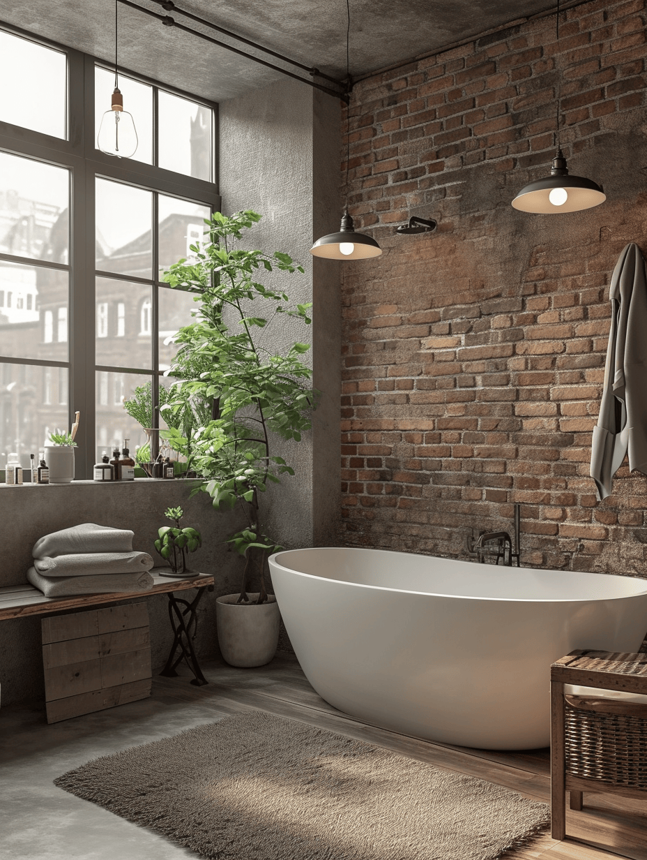 Edison bulb lighting creating a warm ambiance in a rustic bathroom