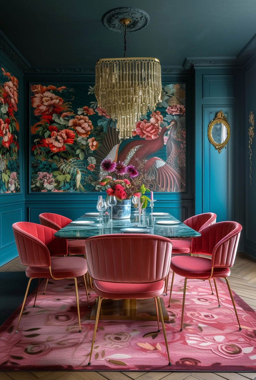 Elegant Art Deco dining room featuring bold black, gold, and jewel tones