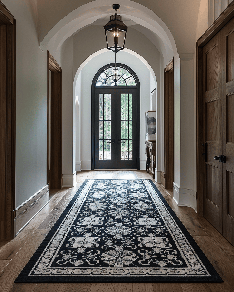 Elegant Art Deco hallway with mirrored surfaces reflecting glass block windows