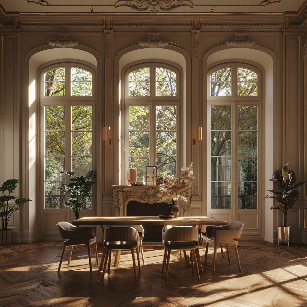 Elegant French Parisian dining room showcasing rich, dark wood finishes