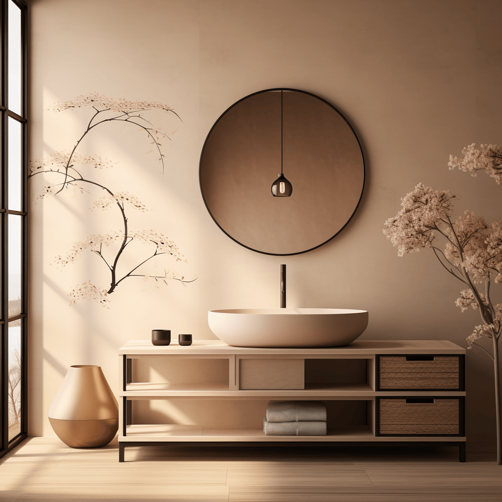 Elegant Japandi bathroom with minimalist fixtures and tranquil design elements