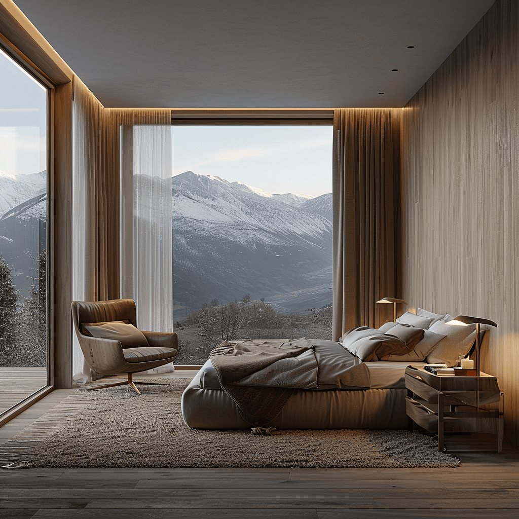 Elegant Japandi bedroom interior with sleek design and organic accents