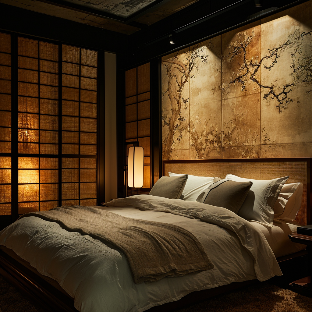 Elegant Japanese bedroom interior with a blend of modern and traditional elements.
