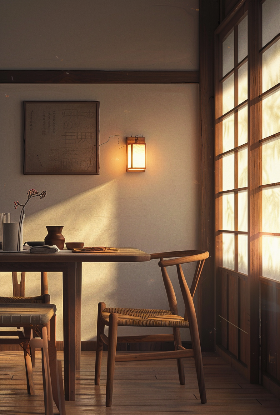 Elegant Japanese dining room with shoji screens providing soft light diffusion