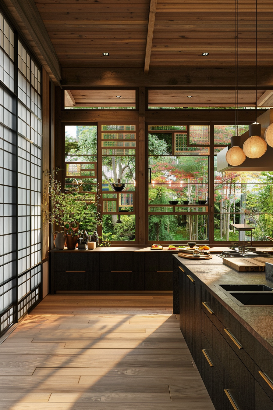 Elegant Japanese kitchen with a focus on natural light and indirect lighting fixtures