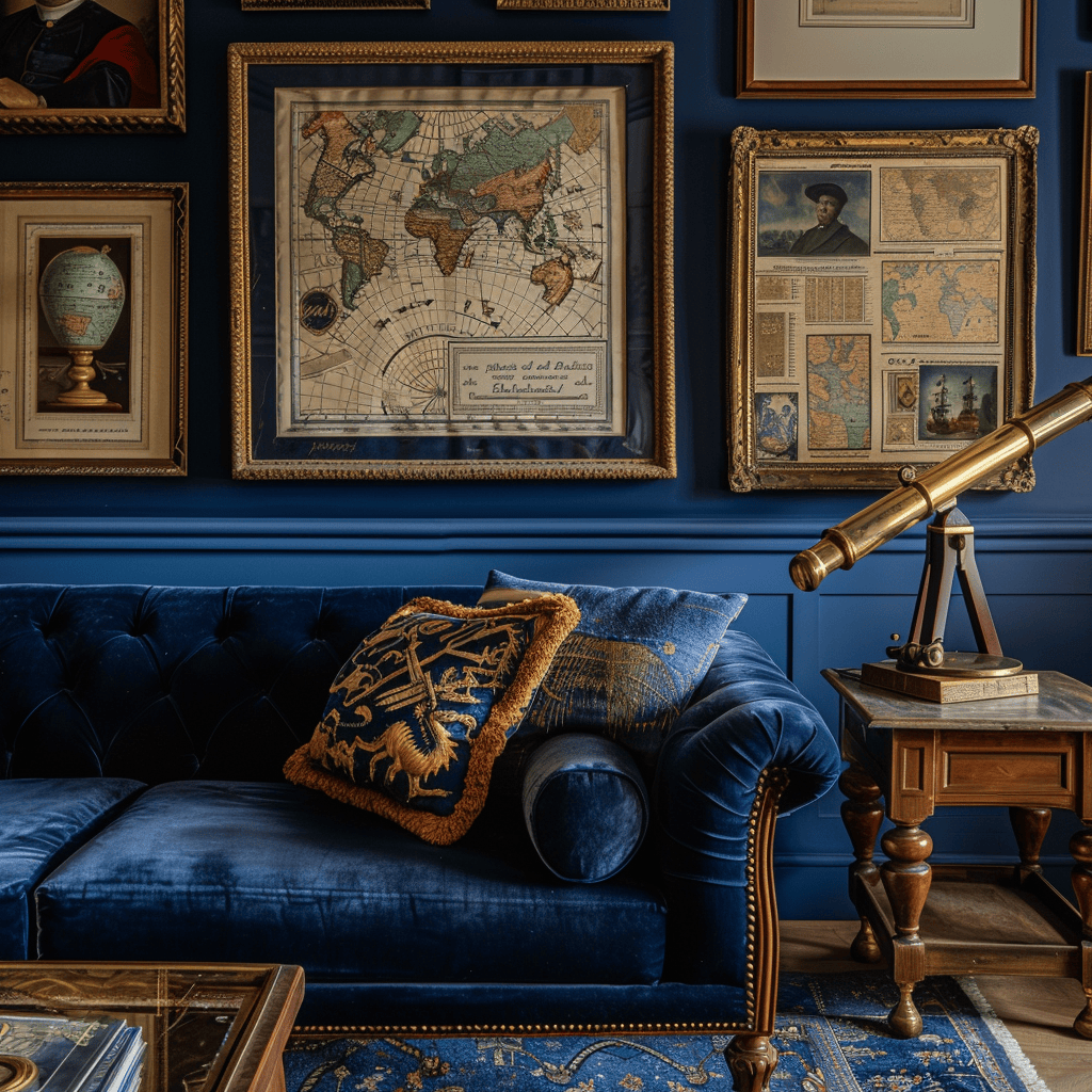 Elegant Mediterranean living room with deep cobalt walls, a navy velvet sofa, antique maps in golden frames, and a brass telescope accent