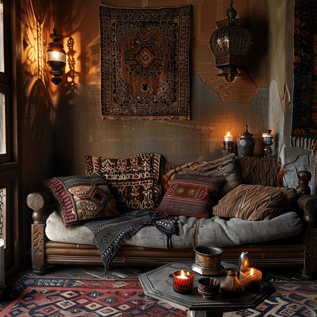 Elegant Moroccan dining room showcasing carved wooden tables