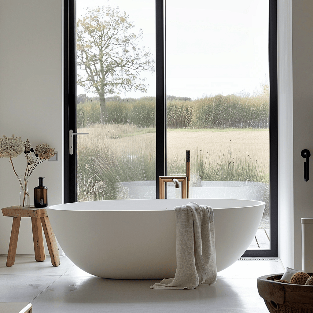 Elegant Scandinavian bathroom showcasing a refined elliptical freestanding bathtub as a stunning focal feature