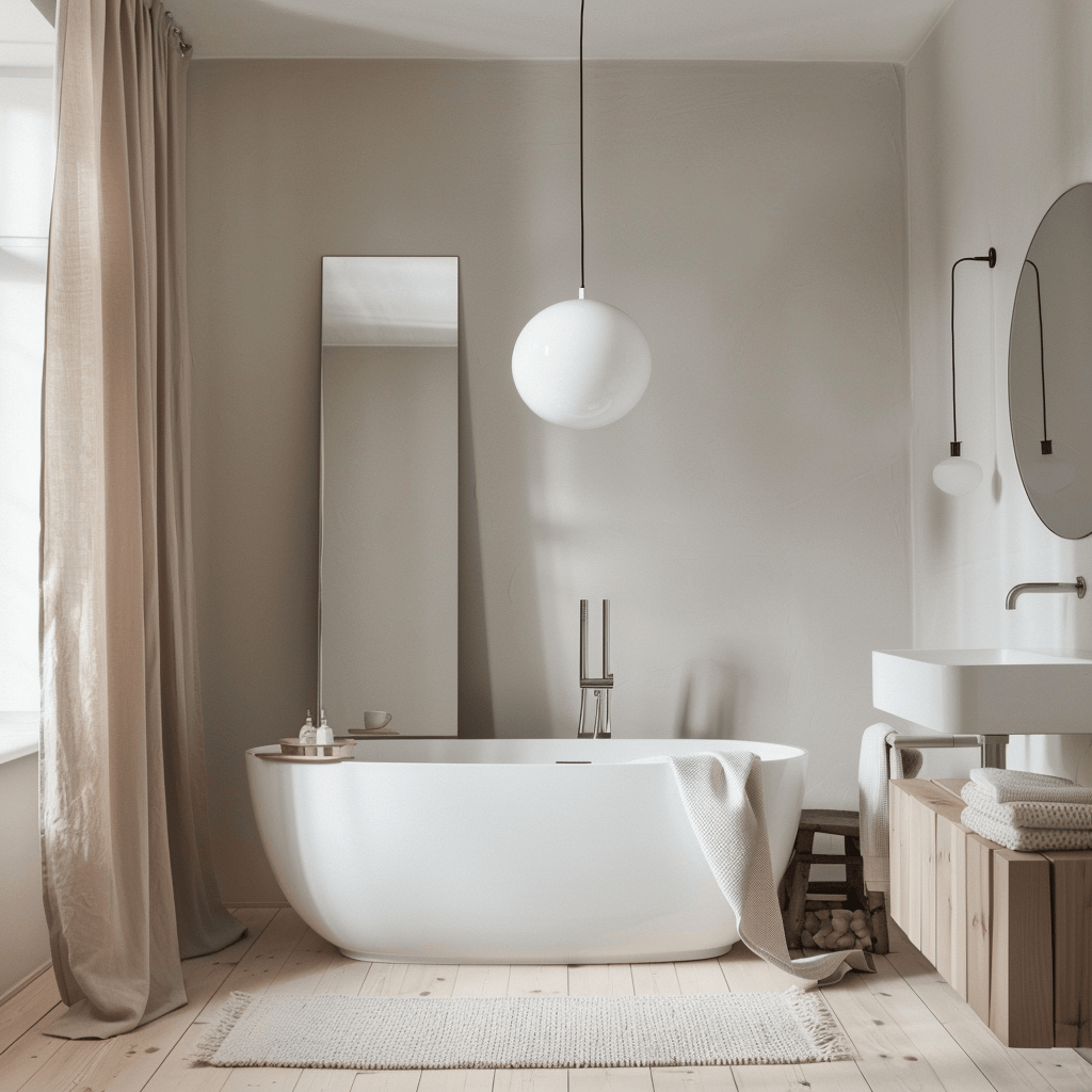 Elegant Scandinavian bathroom with a round pendant light dangling above the bathtub and streamlined wall sconces framing the mirror