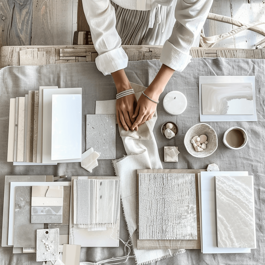 Elegant and understated, this soft gray moodboard provides a cohesive color palette for a tranquil and chic interior design