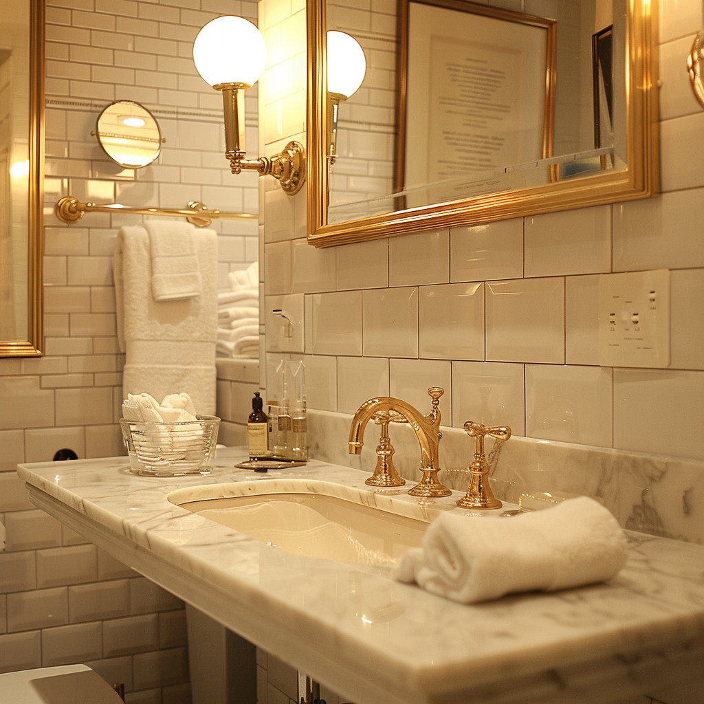 Elegant bathroom detail highlighting brass taps and hardware, complementing the classic white subway tiles