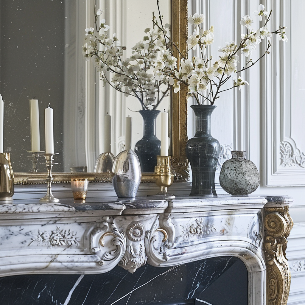Elegant bathroom details showcasing polished chrome fixtures against marble tiles, with subtle gold accessories