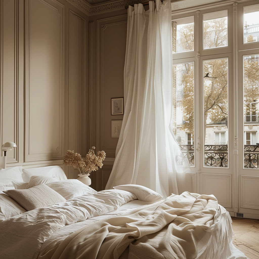 Elegant bedroom in Parisian style, with soft, neutral tones, minimalist artwork, and delicate lighting for a serene ambiance