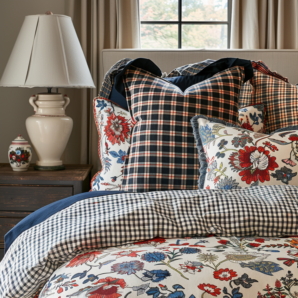 Elegant bedroom in farmhouse style with layered bedding in plaid, gingham, and floral patterns